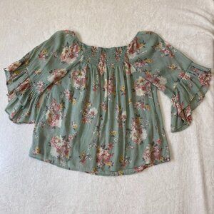 MOD Lusive Green Floral Peasant Blouse Size Medium Cottagecore Coquette